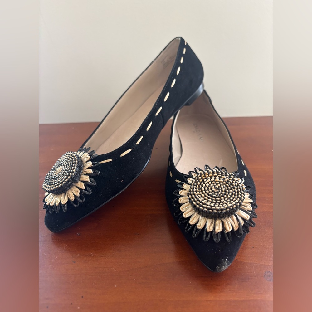 Donald J Pliner BIBBI Black Suede Raffia Sunflower Pointed Toe Flats SIZE 7 1/2